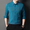 Men's Polos Style Men's Long Sleeve Printed Shirt Middle Aged and Young Casual Business Polo-Neck Solid Color Single-breasted Flocking 230308