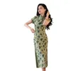 Etniska kläder qipao flickor vintage elegant smal kinesisk stil mild mörkgrön blomma tryckt dagligen retro cheongsam klänning kvinnor sexig