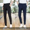 Calça masculina traje de tornozelo para homens se alongam slim fit skinny negócios vestido preto formal masculino calças casuais inteligentes azul 230307