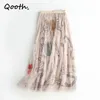 Skirts Qooth Fairy Floral High-waisted A-line Mesh Skirt Spring Summer Casual Black Midi Long Skirts Women Sweet Tulle Skirt QT703 230308
