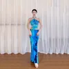 Stage Wear Belly Dance Dress Training Spring And Summer Neck Tie Haier Dark Blue Backless Print Dye Oriental Set