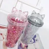 Tumblers 420ml ins 스타일 짚 스무디 컵 더블 벽 물병 고양이 귀 마시는 음료웨어 230308을 가진 재사용 가능한 반짝이는 반짝이는 반짝입니다.