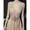 Elegant Champagne Evening Dress Delicate Beading Sequins Straps Long V-Neck A-Line Sleeveless Formal Party Brides Texa Prom Clows