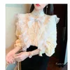 Women's Blouses Chic Beautiful Lace Shirt For Women 2023 Spring Top Ruffled Long Sleeve Sweet Blouse Office Lady All-Match Apricot