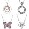 925 Silver Fit Pandora Necklace Pendant heart women fashion jewelry Dazzling Pink Butterfly Double Two-tone Circles