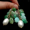 Dangle Earrings YYGEM Natural Green Chrysoprase Freeform Cultured White Rice Pearl Hook