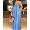 Robes décontractées femme sans manches V coud halter longue robe streetwear élégant bracelet spaghetti pain denim lâche maxi