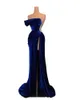 Gorgeous Royal Blue Mermaid Prom Dresses One Shoulder Beaded High Split Velvet Strapless Draped Pleats Sweep Trian Engagement Formal Evening Pageant Party Gowns