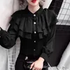 Blouses feminina Vinho Vermelho Tierred Ruffle Dobra Blusa Elegante Mulheres Office Office Of Work Business Camisas de Manga Longa Pescoço Vintage Chic Vintage