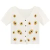 Women's Blouses & Shirts Women Summer Daisy Embroidery Short Sleeve Cardigan Hollow Out Crochet Knit Striped Crop Top V-Neck Button Down Swe