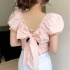 Kvinnors blusar chic bow blus koreansk puff hylsa smala fit fyrkantiga hals korta toppar söta kvinnor rosa sommartröjor söta streetwear punk boho