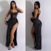 Sıradan Elbiseler Kadın Varış 2023 Bodycon Seksi Sequin Elbise Uzun Gazlı Gezazı Kolsuz Rhinestone Sparkly Giyim Frocks Split Fork