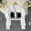 Women's Blouses White Solid Puff Long Sleeve Blouse Women Tops Shirt Office Ladies Autumn Spring Lapel Elegant Patchwork Color Slim Fit