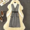 Werkjurken herfst winter tweed 2 -delige set vrouwen slanke plaid wollen algehele jurk mode coltrui trui ruche vest suit