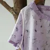 Kvinnors blusar Johnature Women Chinese Style Shirts Ramie Print Floral Button 2023 Summer O-Neck Kort ärm Vintage Kvinna