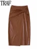 Юбка Траф искусственная кожаная юбка Женщины коричневые плиссированные длинные юбки для женщин Осень на высокую талию миди -юбки женская юбка для женщин 230308