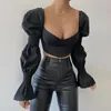 Women's T Shirts Women Puff Long Sleeve Tees European And American Style Square Collar Lace Up Slim Cropped Tops Sexy High Waist Bodycon