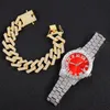 Relógios de pulso relógios jóias para homens assistem luxuoso hip hop gelado ouro com bracelete quartzo quadrado relógio masculino broomsmensmen