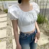 Kvinnors blusar chic bow blus koreansk puff hylsa smala fit fyrkantiga hals korta toppar söta kvinnor rosa sommartröjor söta streetwear punk boho