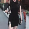 Etnik Giyim Siyah Geleneksel Çin Cheongsam Elbise Kadın Kızlar Retro Qipao Bodycon Seksi Kısa Bandage Vintage Moda Mini FF2884