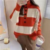 Maglioni da donna QOERLIN maglione dolcevita con bottoni a righe donna streetwear Harajuku pullover autunnale lavorato a maglia giapponese vintage