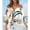 Women's Blouses 2023 Casual Summer Loose Pullover Women Fashion Flower Print Tied Detail Off The Shoulder Tops