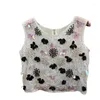 Magliette da donna Crop Top con perline da lavoro Canotte con fiori 3D carini Dolce perla ricamata