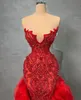 Red Mermaid Evening Dresses Sleeveless V Neck Beaded Appliques Pearls Sequins Floor Length Detachable Lace Train Folds Prom Dresses Plus Size Gowns Party Dress