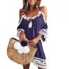 Abiti casual Donna Nappa di cotone Moda elegante Mini abito largo con spalle scoperte Vestito estivo da spiaggia per vacanze estive da donna