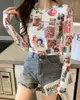 Camicette da donna Stampa di cartoni animati T-shirt a rete a maniche lunghe Donna Protezione solare trasparente Top T-shirt sottili elasticizzate da donna