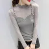 여자 T 셔츠 투명한 메쉬 여성 섹시한 리벳 꼭대기 전체 소매