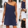 Casual Dresses Summer Elegant Women Dress Solid Color One Shoulder Obly Backless Bandage Bow för Dating Streetwear