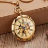 Pocket Watches Roman Numal Mechanical Watch Fob Chain Antik Vintage Steampunk Skeleton Bronze Graved Clock Men Women