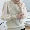 Blouses voor dames elegante massieve kleur lange mouw kudden blouse vrouwelijke kleding gaas kan kant stijlvolle lente herfst gesplitste halfhoge kraag