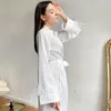 Women's Sleepwear French Sexy Elegant Long White Nightgown Women Plumes Robe Nightdress Fashion Bowknot Pajamas Satin With Belt Gown