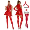 Casual jurken Dames Zwart Red Wetlook Lederen Pole Dance Raves Party Outfit Zipper Stand Kraag Glanzende latex Slim Mini geplooid Y2302