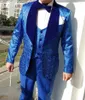 Men's Suits Royal Blue Floral Groom Tuxedos For Wedding Formal Men With Velvet Shawl Lapel Groomsmen Prom Dinner Male Blazer