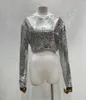 Women's T Shirts Spring Women Gold Sequins Shirt For Bling Club Show Silver Tops Long Sleeve Crop