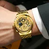 Нарученные часы fngeen Quartz Watch Mens смотрит на топ золотой ремешок, светящиеся ручные скелеты на циферблате мужской календарь Relogio Masculino