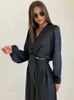 Women's Tracksuits Women Black Satin Pants Set Fashion V-Neck Long Sleeve Blouse Matching Wide Leg Trousers Suit Casual Loose Two Piece Sets L230309