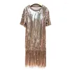 Casual Dresses Bling Sequined Women Short Sleeve Sequins Dress Woman Shiny Talssel Party