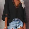 Blouses femininas 2023 Moda Mulheres Mangas curtas Tops de verão Camisas Hollow Out reta de renda Spring Spring V Streetwear Loose Blouse 19011