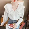 Dames PoloS Autumn Solid White Women Chiffon Shirt Dollar Collar Lange Mouw Patchwork Buttons Vintage ontworpen vrouwelijke blouse Elegant 2023