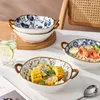 Bols 2pcs 7.5in Bol de nouilles Soupe en céramique avec poignée peinte à la main Salade Pâtes Cuisine Vaisselle Four à micro-ondes Bakware