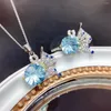 Conjunto de pendientes de collar, anillo colgante de cristal redondo azul cielo exquisito, accesorios de fiesta de boda finos de mariposa de lujo para mujer