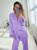 Women's Sleepwear Hiloc Feathers Satin Pajamas For Women Sets Lapel Splicing Sleepwear Women's Suit Single-Breasted Nightwear Winter Fashion 230309