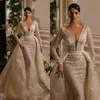 2023 robes de mariée sirène de luxe paillettes appliques dentelle col en V profond manches longues robes de mariée sur mesure à lacets dos détachable train Vestidos De Novia