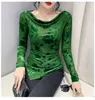 Women's T Shirts Transparent Mesh Women Flower Dobby Tops Slim Body Green