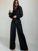 Women's Tracksuits Women Black Satin Pants Set Fashion V-Neck Long Sleeve Blouse Matching Wide Leg Trousers Suit Casual Loose Two Piece Sets L230309