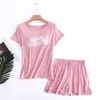 Women's Sleepwear 2PCS Pink Print Letter Women Pajamas Sets Short Sleeve T-Shirt&Shorts Pyjamas Sports Nightwear Summer Modal Home Wear